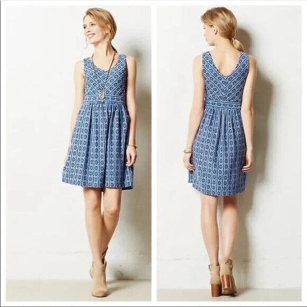 ANTHROPOLOGIE Maeve Lazuli Blue Multi Aztec Knit Fit & Flare Mini Dress SZ 0P